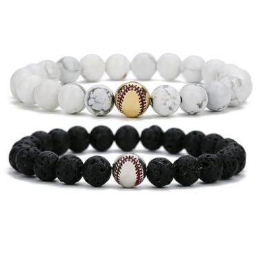 Imagem de Pulseira para casal com contas de pedra vulcânica fosca, conjunto de 2 peças para mulheres e homens, preto e branco, pedra de pinheiro feita à mão, howlita natural, pedras vulcânicas combinando com
