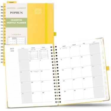 Imagem de POPRUN Agenda mensal 2026-2027 capa dura espiral (20 cm x 25 cm), calendário de 18 meses (janeiro de 2026 a junho de 2027) - 2 páginas por mês com páginas pontilhadas, início de domingo, aba laminada
