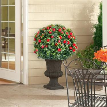 Imagem de Conjunto de 2 árvores de topiaria artificial com estacas de metal, plantas falsas de PE resistentes a UV de 59,9 cm com flores de rosas para decoração interna/externa, vermelho