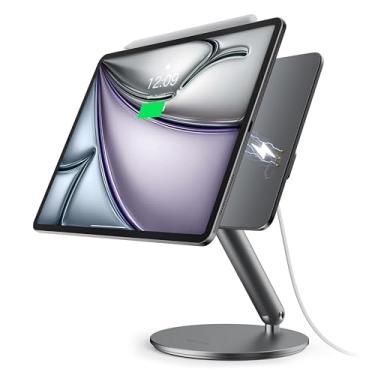 Imagem de LULULOOK [Atualização] Suporte magnético de carregamento sem fio para iPad Air de 11 polegadas M3 (2025)/M2, suporte de mesa dobrável de liga de alumínio para iPad Pro com base giratória de 360° para