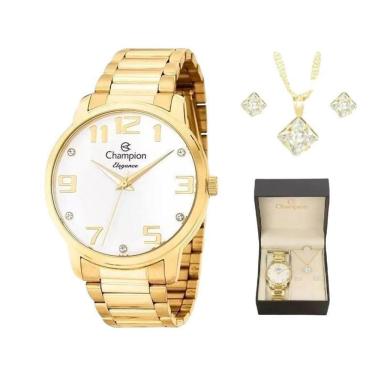 Imagem de Kit Relógio Champion Dourado Feminino Com Semi Joiás