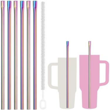 Imagem de NiHome 6 canudos reutilizáveis de aço inoxidável de 30,5 cm, antirrugas, para copos Stanley de 850 g 1,134 g, design confortável para os lábios para smoothie, café gelado, água (ridescente, 6 retos)