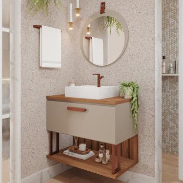 Imagem de Gabinete Suspenso Banheiro Mari 80cm com Cuba e Espelheira Lua Espresso Móveis Cappuccino