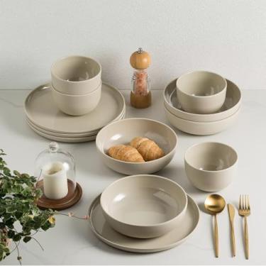 Imagem de Conjuntos de louça de melamina MissYIP, 12 peças, serviço para 4, pratos de acampamento ao ar livre, pode ser lavado na lava-louças, não pode ir ao forno ou ao micro-ondas (bege)