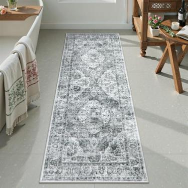 Imagem de Uphome Tapetes de banheiro, tapete de banheiro cinza boêmio envelhecido, tapetes de banho longos antiderrapantes e laváveis, caminho de banheiro de veludo macio tradicional vintage para banheira e