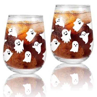 Imagem de Whaline 2 peças de copos de vinho sem haste de Halloween 482 g copos de bebida fantasma branco transparente fofo boo copos para suprimentos de festa de Halloween