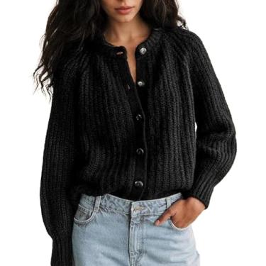 Imagem de Cardigan De Crochê Para Mulheres Tops Chunky Knitted Crew Neck Long Sleeve Button Down Jackets Open Front, Black, S