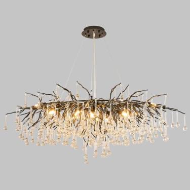 Imagem de Upfelw Lustre de gota de chuva de cristal moderno, L100 cm preto linear retangular art déco galho de árvore luminária para cozinha, ilha, sala de estar, hall de entrada, escada, 10 luzes