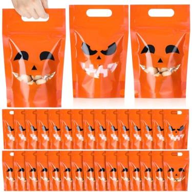 Imagem de Wonderjune 100 peças de sacos de presente de abóbora de Halloween, dois estilos, com janelas e alças, embalagem de plástico para lembrancinhas de festa de Halloween e lanches
