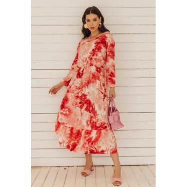 Imagem de Vestido Longo manga Sete oitavo Gola U Tie Dye Hippie tendência Moda -