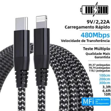 Imagem de Cabo USB C Para Lightning 1M 2M 3M Alta Qualidade Certificado MFi Carr