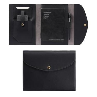 Imagem de Aulmscn A5 Capa de couro para notebook, capa planejadora com suporte para caneta, compartimentos para cartões, botão seguro, capa organizadora (21,8 x 17,3 cm) para cartões de visita, diário