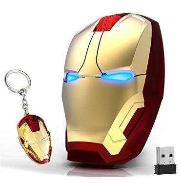 Imagem de Mouse ergonômico sem fio Cool Iron Man Mouse 2.4G óptico portátil com receptor USB, para notebook, PC, laptop, computador, Mac, livro, adicione um chaveiro (dourado)