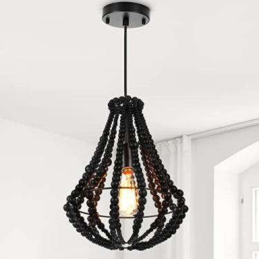 Imagem de Luminárias Boho, lustre com contas de madeira, luminária pendente de fazenda, 1 luz, luz de teto preta para quarto, sala de estar, sala de jantar, cozinha, corredor, 29,2 cm (Preto(S)