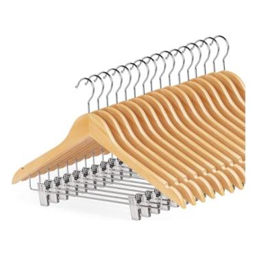 Imagem de Kit 10 Cabides de Madeira Nobre Marfim com Presilhas – Gancho de Metal Cromado Giratório – Alta Resistência p/Roupas, Casacos, Ternos e Closet