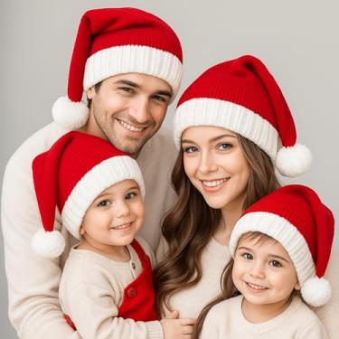 Imagem de Conjunto de 4 chapéus de Papai Noel para a família, incluindo 2 tamanhos adultos e 2 tamanhos infantis – Gorro de Natal macio e quente resistente ao desbotamento