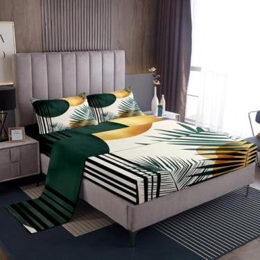 Imagem de Feelyou Jogo de lençol Queen com folha de palmeira, arte abstrata, moderno, boêmio, estilo boêmio, exótico, floral exótico, geométrico de meados do século