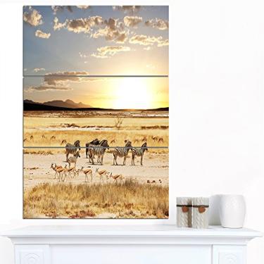Imagem de Designart MT12811-3PV Zebras e Antílopes na África - Arte de parede de metal brilhante com paisagem africana, marrom, 71 x 91 cm