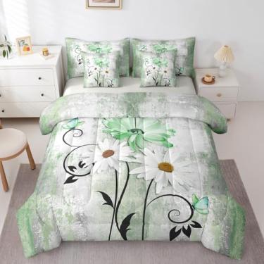 Imagem de Jogo de cama solteiro com estampa de margaridas rústicas, branco, cinza, verde, 7 peças, decoração abstrata, ombré moderno, borboletas, campo de fazenda, edredom e lençol retrô