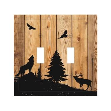 Imagem de Placa de cobertura de interruptor de luz dupla retrô rústica lobo veado floresta marrom madeira dupla placa decorativa 2 gangues placas de parede placa elétrica para quarto banheiro decoração de casa