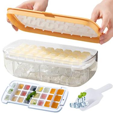 Imagem de HOOSHU Bandeja de gelo de camada dupla grande com 48 unidades de liberação fácil para freezer com tampa para freezer com tampa de liberação à prova de respingos molde de gelo quadrado (amarelo)