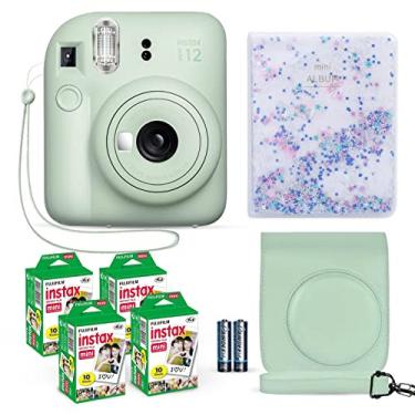Imagem de Câmera instantânea Fujifilm Instax Mini 12 verde-menta, pacote de papel fotográfico (40 folhas) e acessórios da Shutter com estojo de transporte e álbum de fotos decorado com 64 compartimentos