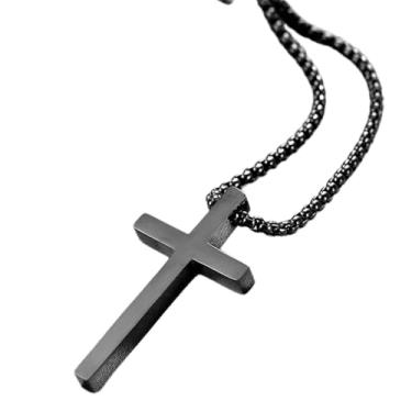 Imagem de Colar Corrente com Cruz 3D de Titanium e Aço Inoxidavel Pingente Maciço 60cm Estilo Vintage 3 Cores Aço Carbono ou Ouro (Aço Carbono Black Piano)