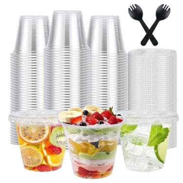 Imagem de Mkzruulf Copos transparentes com tampas planas para sobremesa, 100 conjuntos de 250 ml com tampas e garfos para frutas, smoothie de lanche, pudim e sorvete (sem furo)