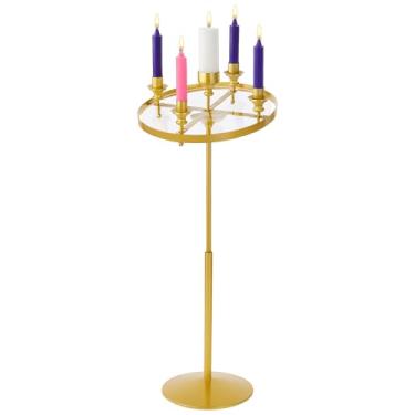 Imagem de Mumufy Suporte de vela de metal para igreja do advento de 127 cm, suporte alto para guirlanda do advento de Natal, com 5 peças de velas brancas e roxas, presente religioso para igreja doméstica
