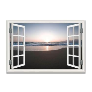 Imagem de LKXGRRSFG Pôr do sol na praia Impressão artística de ilusão de janela falsa, arte de parede com vista panorâmica real para sala de estar 60 x 75 cm sem moldura