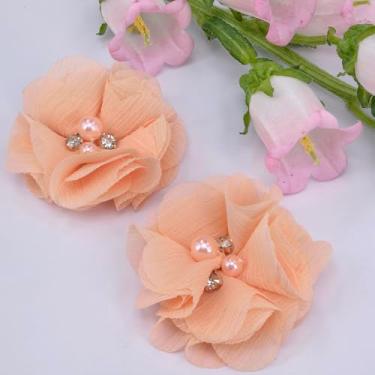 Imagem de Pacote de 12 peças de laços de fita de flores de chiffon com miçangas 2-3/8" (60 mm) apliques de decoração de casamento lotes a granel