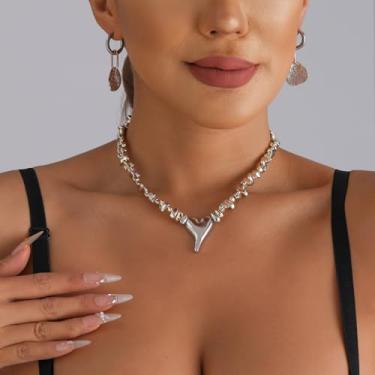 Imagem de Colar de metal líquido irregular, corrente de clavícula grossa leve e luxuosa para mulheres, presente moderno com contas de pera em camadas do Instagram (coração)