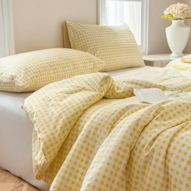 Imagem de NSNLGSGC Conjunto de edredom King de algodão amarelo guingão, 100% algodão lavado, xadrez vermelho, 3 peças vintage (cinza amarelo, king