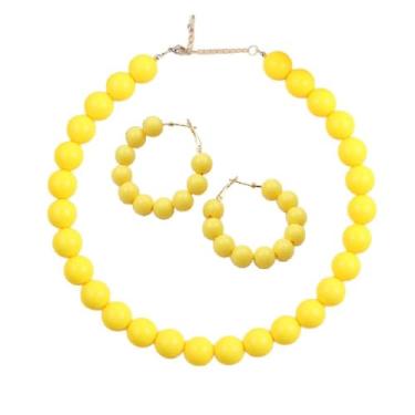 Imagem de KZL Conjunto de brincos de colar de contas de acrílico neon colorido para mulheres dos anos 70 e 81 anos 70 anos 81, brincos de argola com contas grandes e grossas, conjunto de joias - amarelo