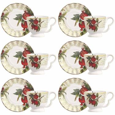 Imagem de Conjunto de 6 Xícaras de Chá com Pires Encanto Dourado de Cerâmica 190ml - Scalla