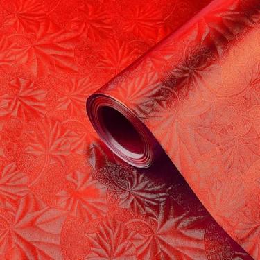 Imagem de Jecery Papel floral em relevo, papel de embrulho metálico, folhas coloridas para artesanato, álbum de recortes, placa de bolo, tambores de bolo, embalagem de presente, 15,7 polegadas 46 pés (vermelho)