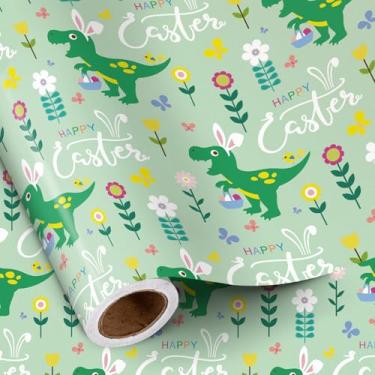 Imagem de RUSPEPA Papel de embrulho de Páscoa para meninos, papel de presente com dinossauro fofo com orelhas de coelho, flores e desenhos de estampa de texto de feliz Páscoa para festa de chá de bebê, 43 x 5