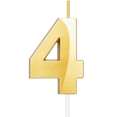 Imagem de Vela de aniversário dourada metálica número 4, topo de bolo de aniversário de cera, decoração de festa de longa duração