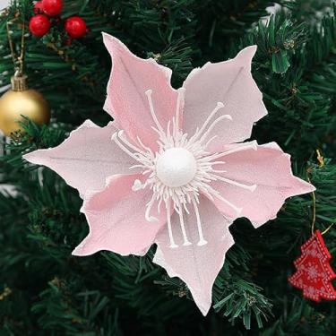 Imagem de tiecawk 8 peças de flores artificiais de Natal rosa com glitter, flores de magnólia, enfeite de árvore de festa, poinsétia com hastes, enfeites de Natal de veludo, para decoração de mesa de casa de