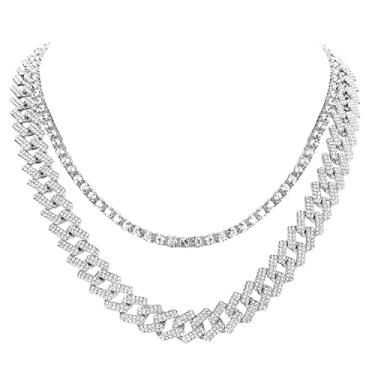 Imagem de HH BLING EMPIRE Colar De Corrente Cubana Com Diamantes Dourados E Prateados, Para Homens Mulheres, Colares Strass Correntes Mulheres Adolescentes, Conjuntos 2 Peças (Conjunto B-Silver-20)