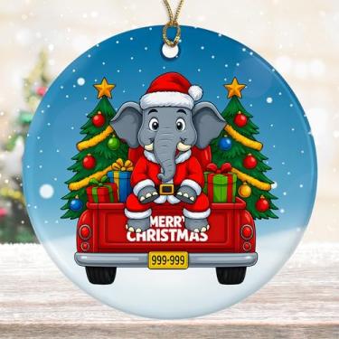 Imagem de DamienBrightGift Enfeite de Natal elefante em caminhão vermelho - decoração de cerâmica animal de Papai Noel fofo - Presente engraçado de lembrança de feriado na selva - Decoração caprichosa de árvore