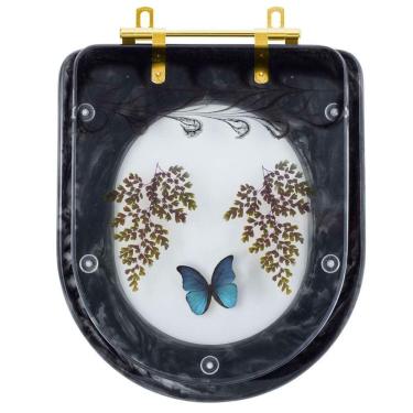 Imagem de Assento Sanitario Poliester Decorado Borboleta Azul Carrara Preto Com Ferragem Dourada