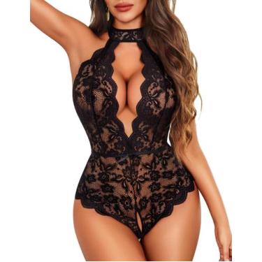 Imagem de Lingerie Avidlove Halter Lace Body com decote em V, pelúcia preta XXL