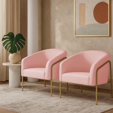 Imagem de Poltrona Sala Industrial Alta Dourado Kit 2 Stella Suede Rosa Bebê D03 - D`rossi