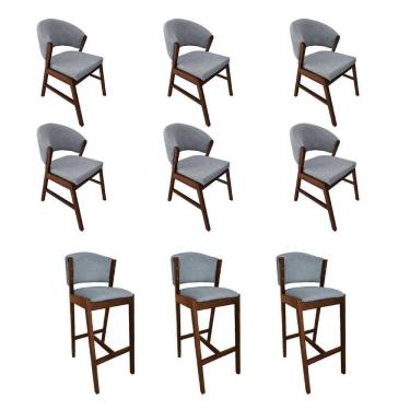 Imagem de Kit 6 Cadeiras De Jantar Debora Com 3 Banquetas Ana Madeira Maciça Premium Linho Cinza