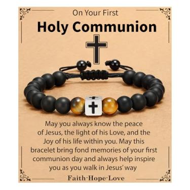 Imagem de Pulseira de cruz para homens, pulseira de contas cruzadas, joias cristãs, batismo, aniversário, Natal, presente cristão para adolescentes e homens, Adjustable, Ágata