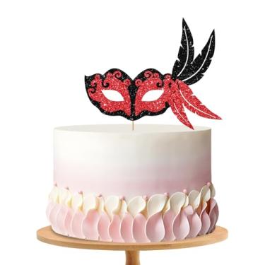 Imagem de Máscara de baile de máscaras, top de bolo com máscara vermelha preta, decoração de bolo de festa de jazz retrô com glitter para mulheres e homens, decoração de festa de aniversário temática dos anos