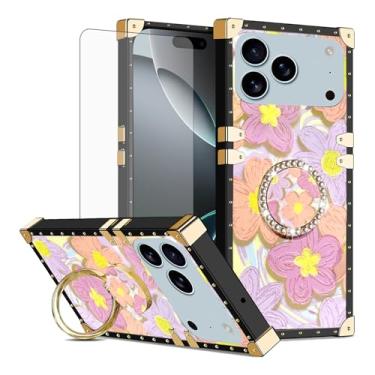 Imagem de Asuwish Capa de celular para iPhone 17 Pro de 6,3 polegadas com protetor de tela de vidro temperado e flor de pintura anel protetor à prova de choque suporte rígido i Phone17 i17 17Pro feminino