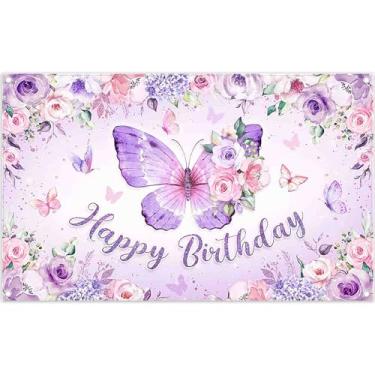Imagem de ZTHMOE Tecido 183 x 109 cm Borboleta Aniversário Pano de Fundo Roxo Rosa Fantasia Rosa Flores Princesas Fundo Fotográfico Meninas Crianças Mulheres Decoração de Festa Faixa Fotográfica
