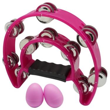 Imagem de Hordion Tambourine Double Row Metal Jingles, Mão Percussão Meia Lua Pandeiros Instrumento Musical para Adultos Entusiastas de Música Festa, Rosa